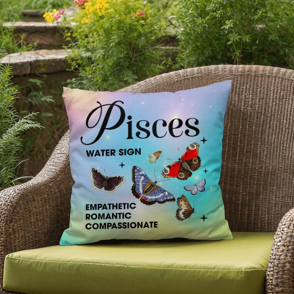 Pisces Butterfly Indoor/Outdoor Pillow – Zodiac Astrology Decor, Boho Accent for Home & Patio