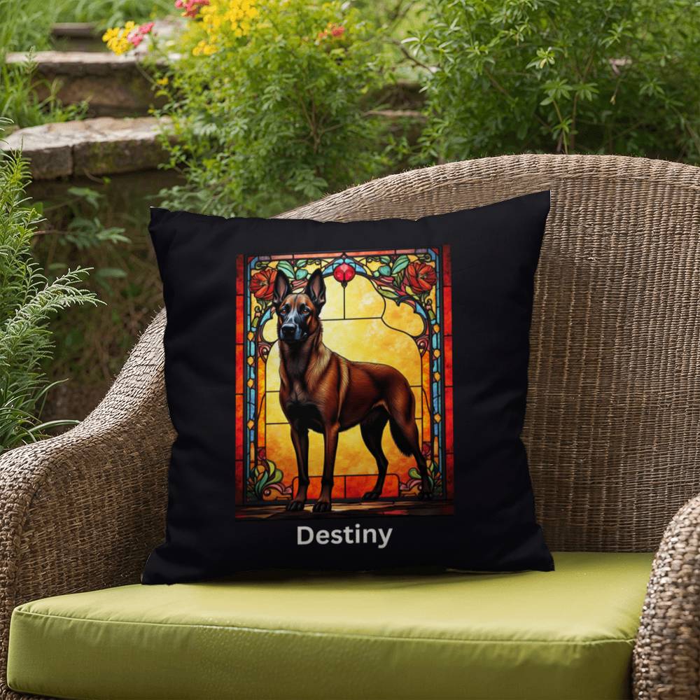 Belgian Malinois (Red Sable) Indoor/Outdoor Pillow - Personalized Stained Glass Dog Tribute & Comfort Gift