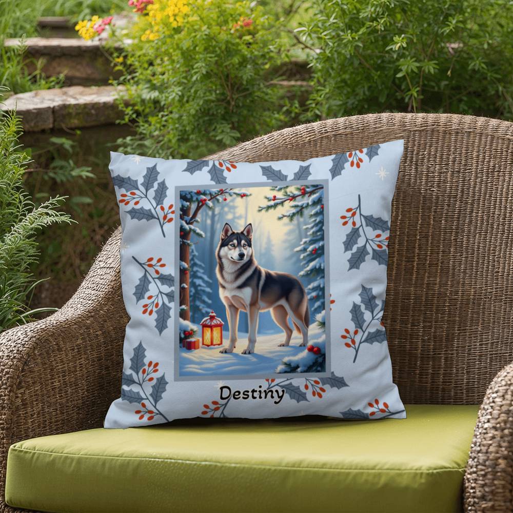 Husky Wolf Grey Pillow - Frosty Husky pillow, winter dog throw, seasonal indoor home accent