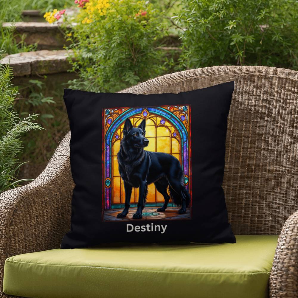 German Shepherd (Black) Indoor/Outdoor Pillow - Personalized Stained Glass Dog Tribute & Comfort Gift