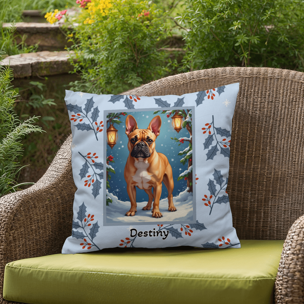 French Bulldog Fawn Pillow - Seasonal Frenchie throw pillow, indoor winter dog home accent