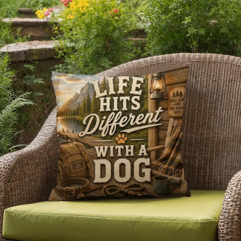 Shop our premium life hits different with a dog throw pillow from MySisterIsASurvivor.