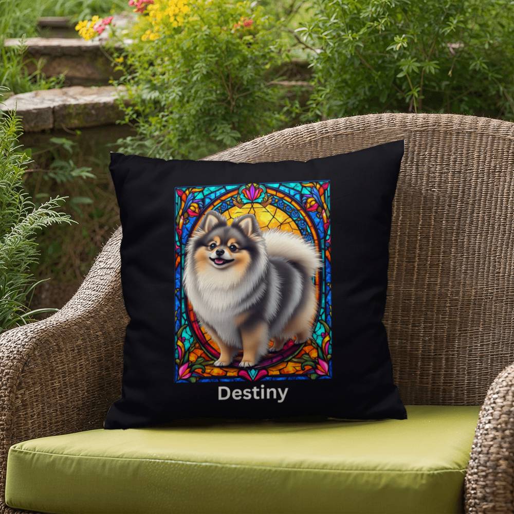 Pomeranian (Wolf Sable) Indoor/Outdoor Pillow - Personalized Stained Glass Dog Tribute & Comfort Gift