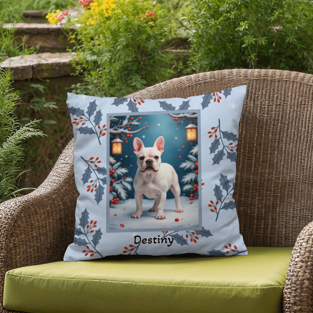 French Bulldog White Pillow - Holiday Frenchie throw pillow, indoor cozy dog accent pillow
