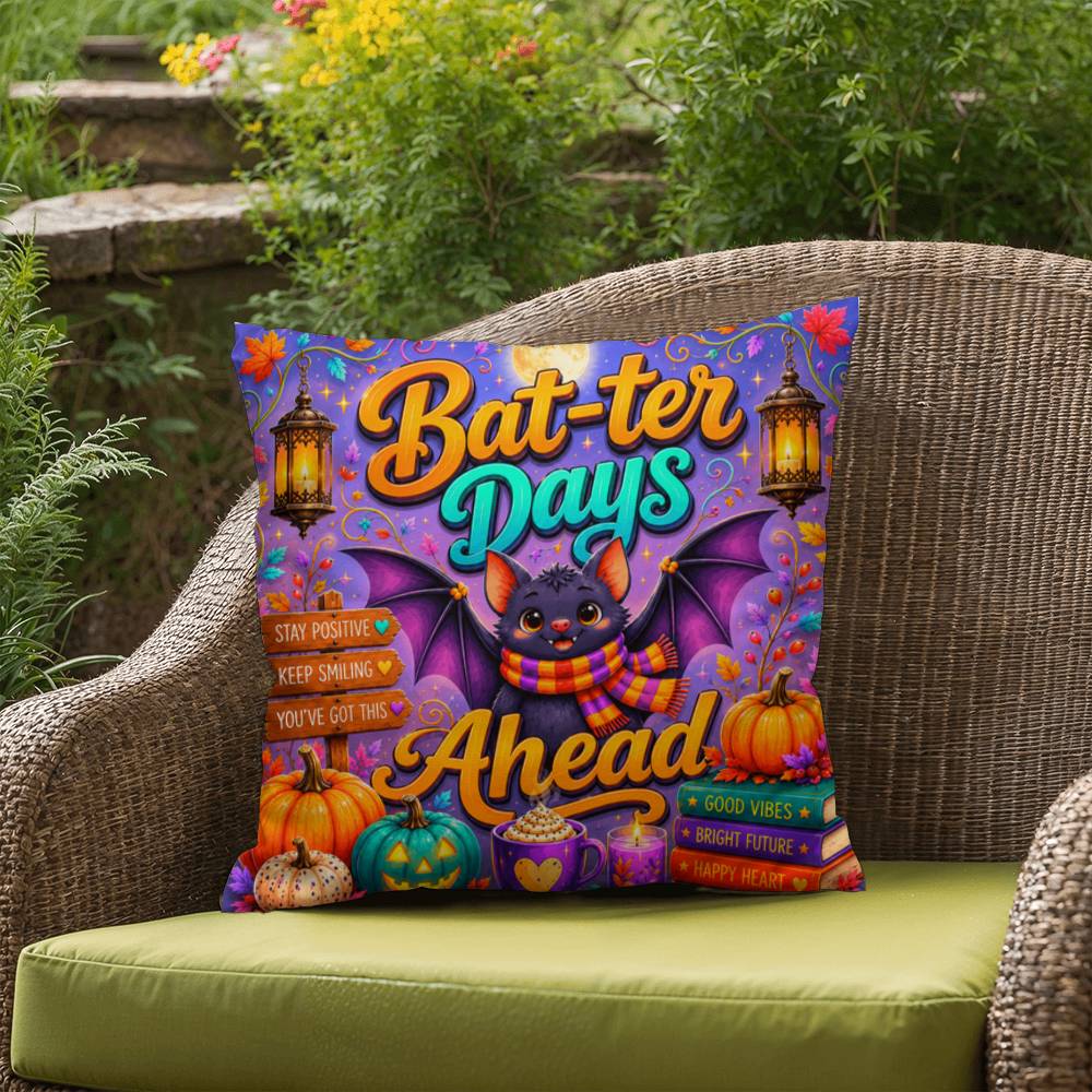 Bat-ter Days Ahead quote with cheerful bat artwork on a colorful Halloween throw pillow with uplifting fall vibes