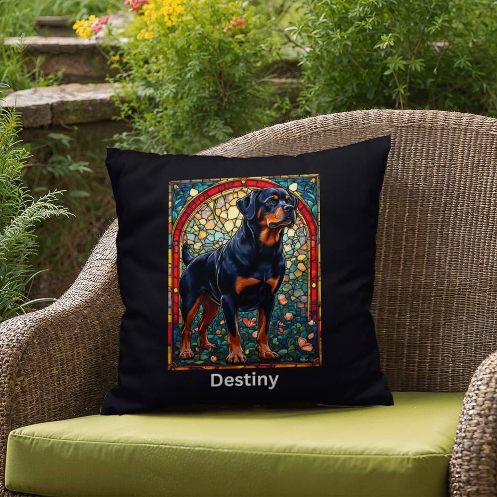 Rottweiler (Black and Mahogany) Indoor/Outdoor Pillow - Personalized Stained Glass Dog Tribute & Comfort Gift