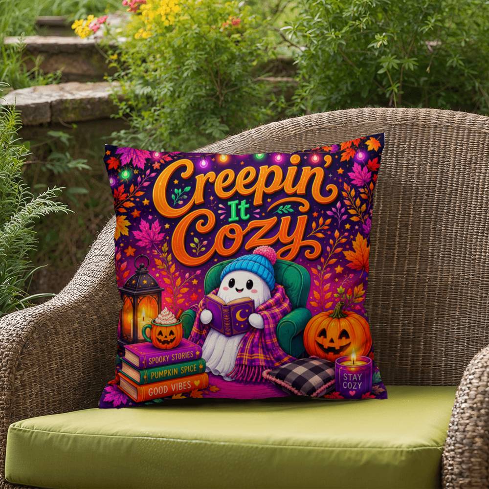Creepin It Cozy Halloween Throw Pillow - Spooky Stories Pumpkin Spice Good Vibes
