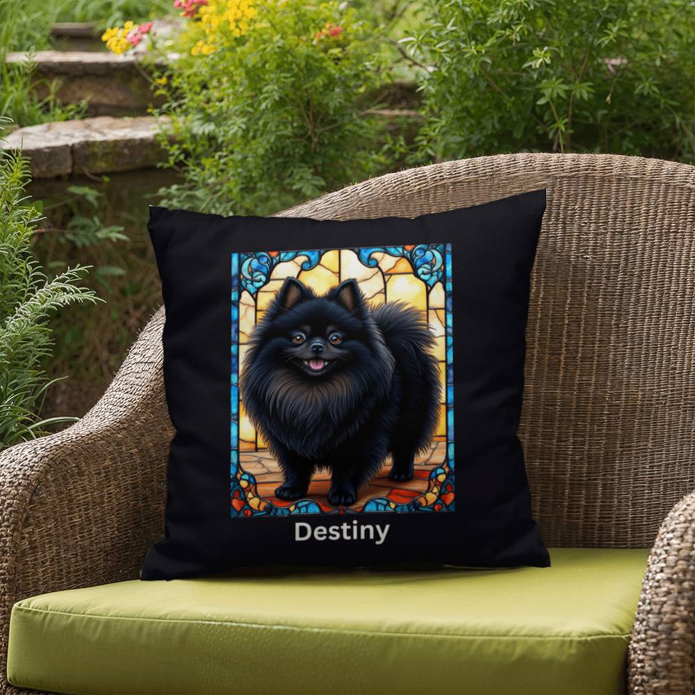 Pomeranian (Black) Indoor/Outdoor Pillow - Personalized Stained Glass Dog Tribute & Comfort Gift