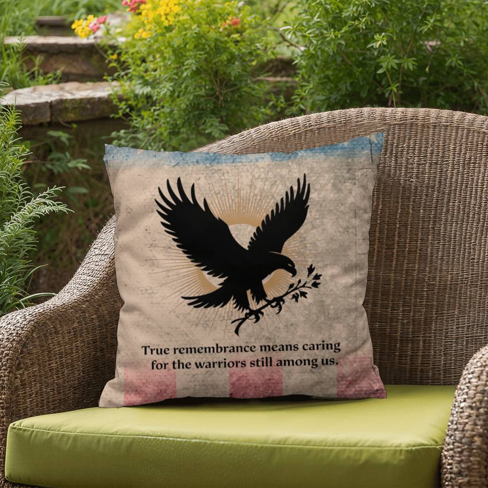 True Remembrance Means Caring Indoor/Outdoor Pillow: Resilient Comfort - Mental Health & Memorial Tribute