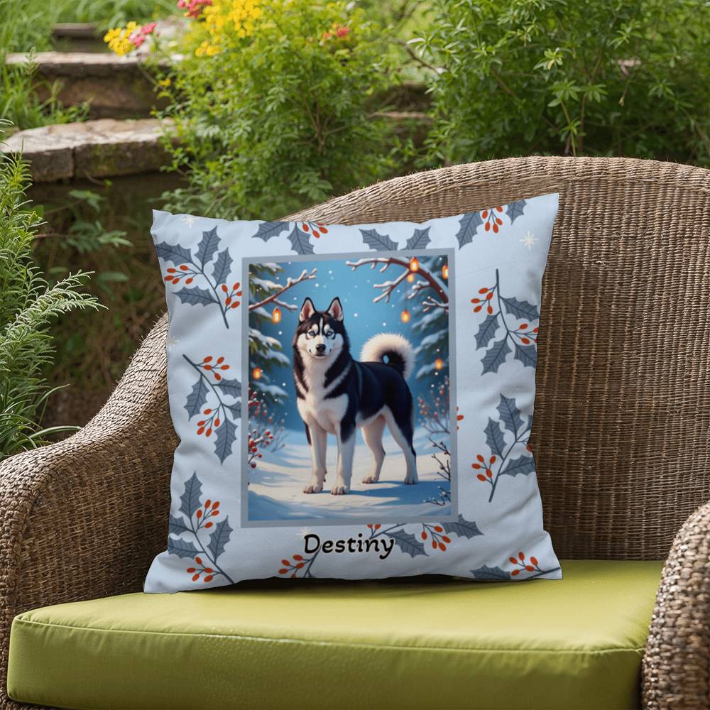 Husky Black & White Pillow - Snow dog winter throw pillow, indoor/outdoor Husky accent, holiday decor