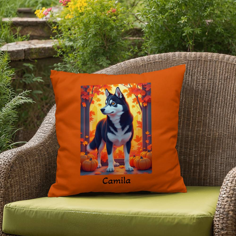 Siberian Husky Black & White Coat (Amber Eyes) Pillow, Indoor Outdoor Dog Cushion, Personalized