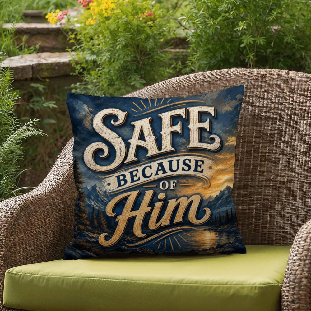 Shop our premium safe because of him throw pillow from MySisterIsASurvivor.