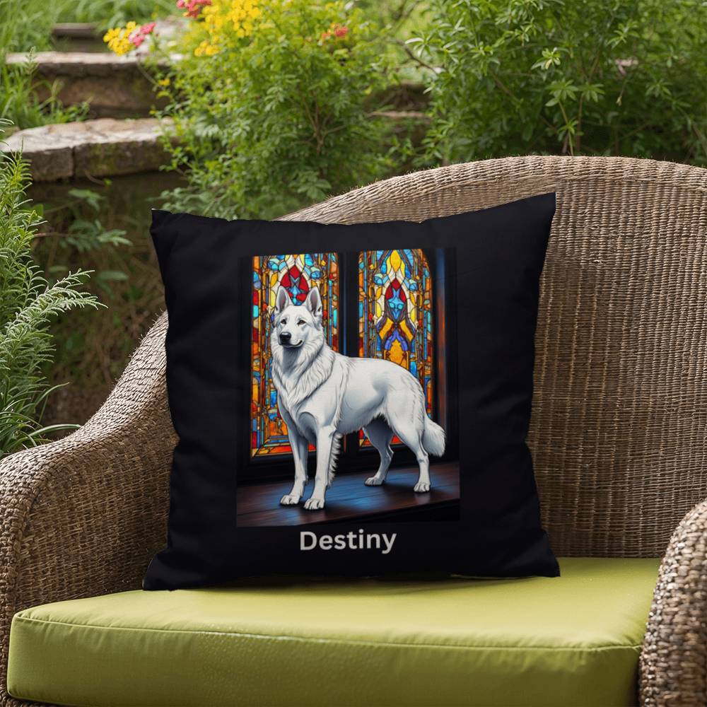 German Shepherd (White) Indoor/Outdoor Pillow - Personalized Stained Glass Dog Tribute & Comfort Gift