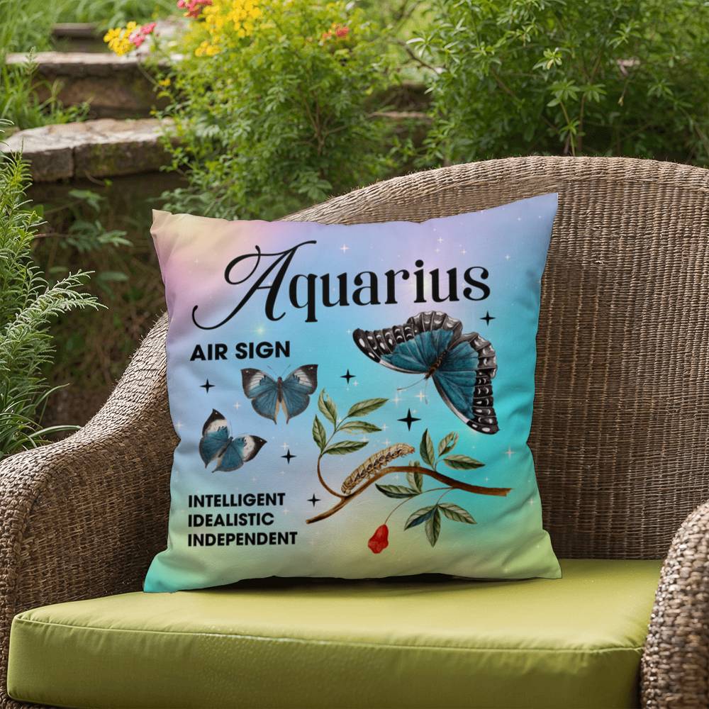 Aquarius Butterfly Indoor/Outdoor Pillow – Zodiac Astrology Decor, Boho Accent for Home & Patio