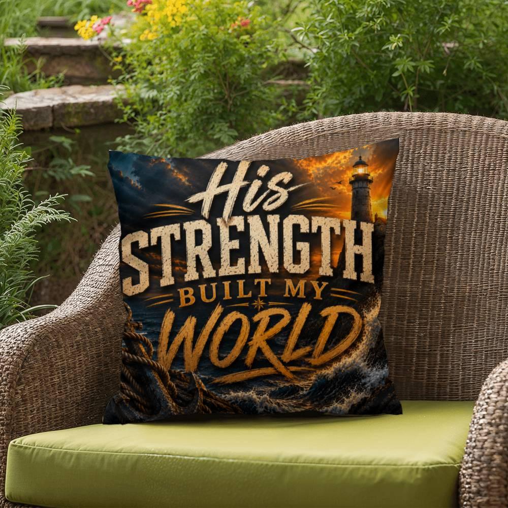 Shop our premium his strength built my world throw pillow from MySisterIsASurvivor.