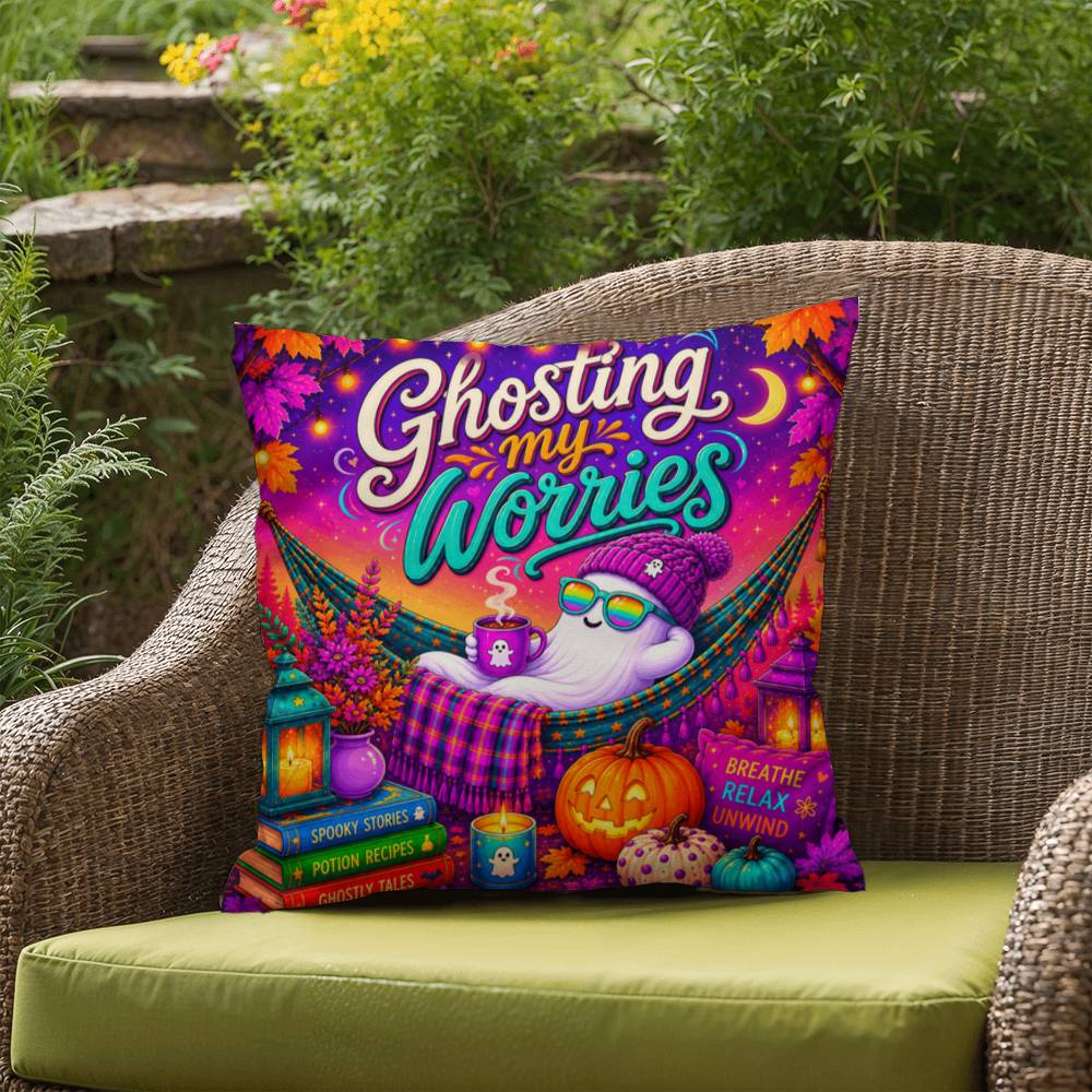 Ghosting My Worries Halloween Throw Pillow - Breathe Relax Unwind Ghost Pillow