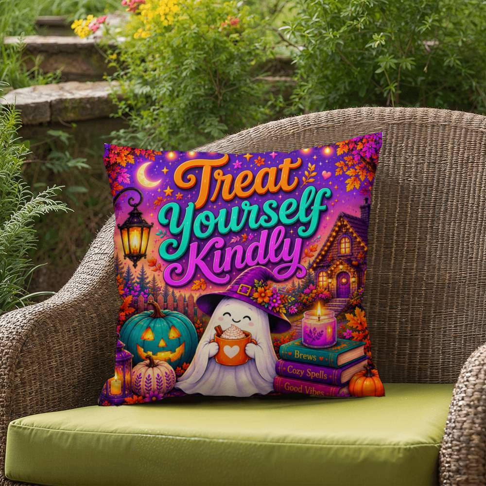 Treat Yourself Kindly message with self care inspired Halloween artwork on a decorative pillow