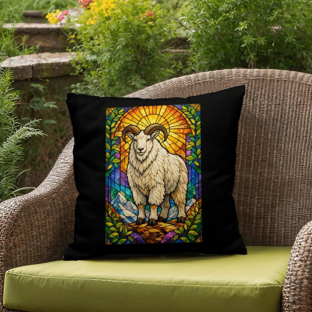 Shop our premium mountain goat stained glass style throw pillow from MySisterIsASurvivor.
