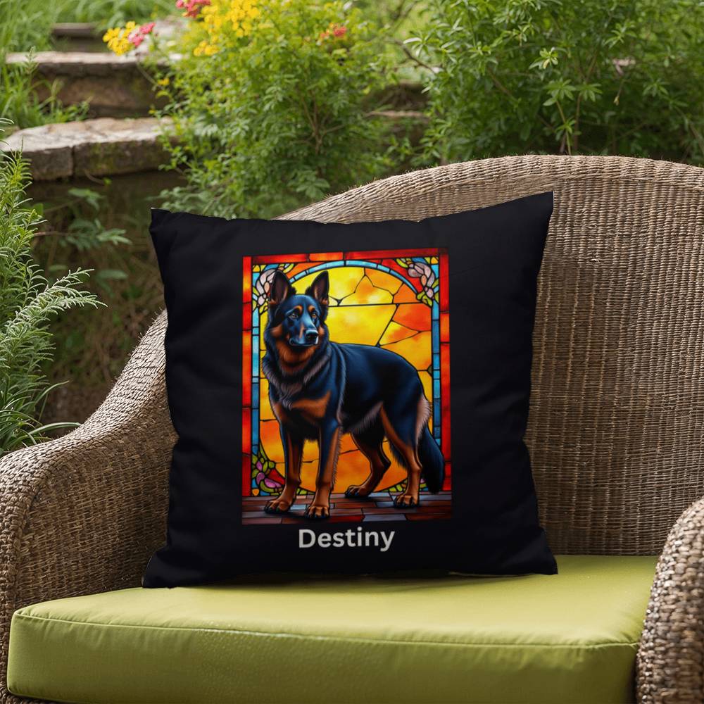German Shepherd (Black and Red) Indoor/Outdoor Pillow - Personalized Stained Glass Dog Tribute & Comfort Gift