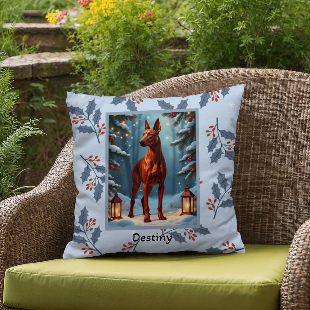 Doberman Red Pillow - Personalized winter dog throw pillow, Doberman home decor, festive accent