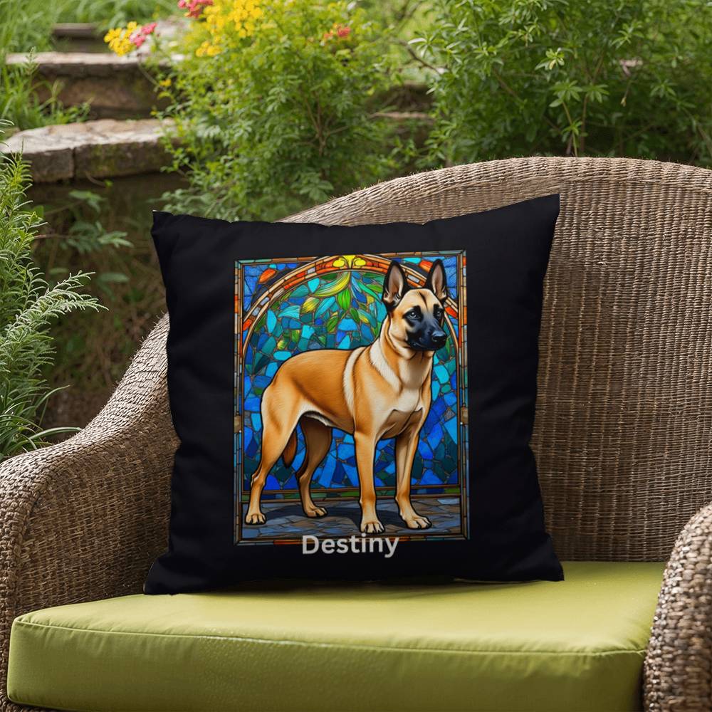 Belgian Malinois (Cream Sable) Indoor/Outdoor Pillow - Personalized Stained Glass Dog Tribute & Comfort Gift