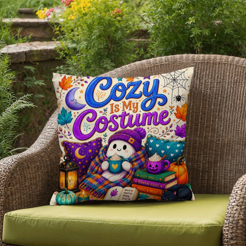 Cozy Is My Costume saying with ghost artwork on a Halloween throw pillow inspired by autumn comfort