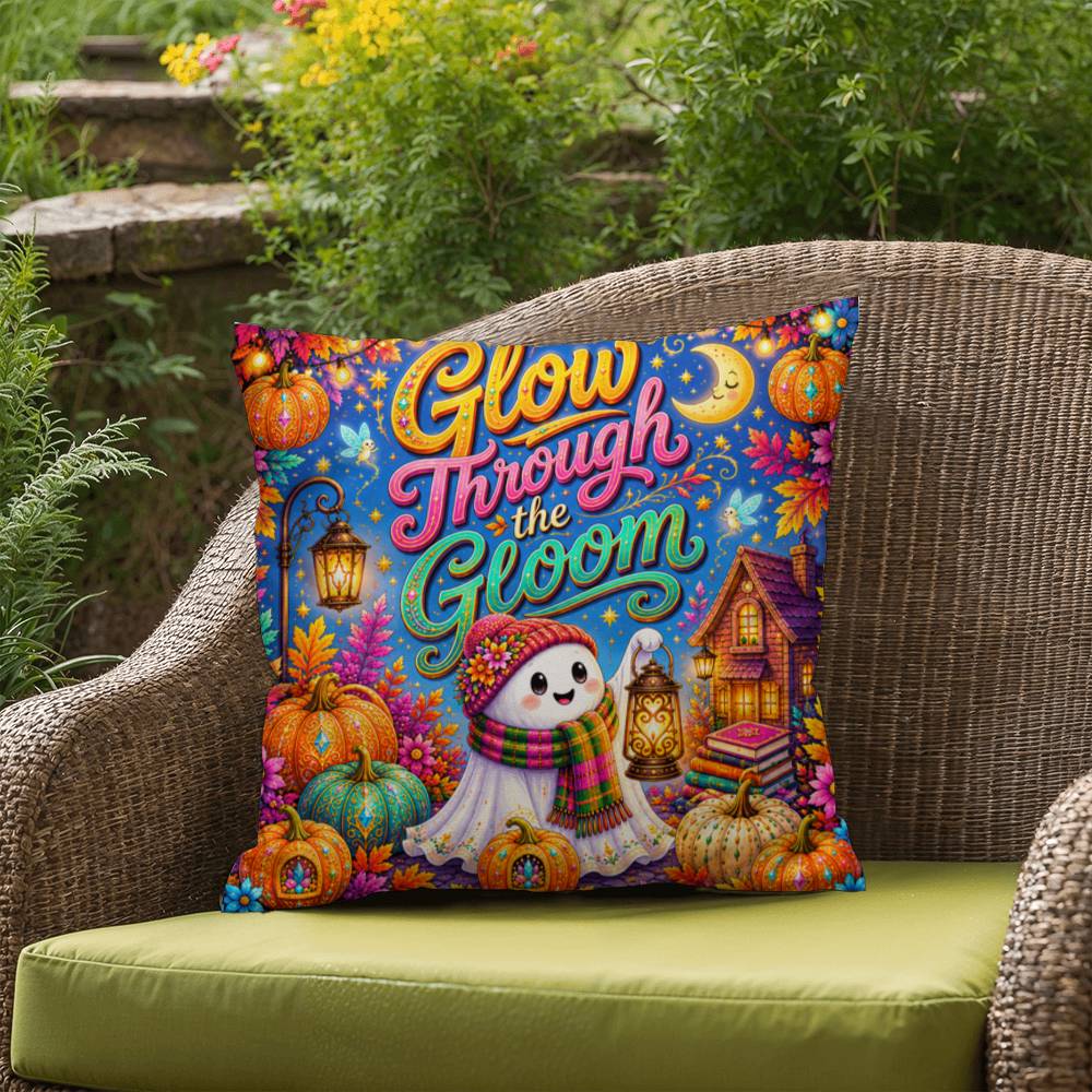 Glow Through The Gloom quote with ghost lantern artwork on an encouraging Halloween throw pillow