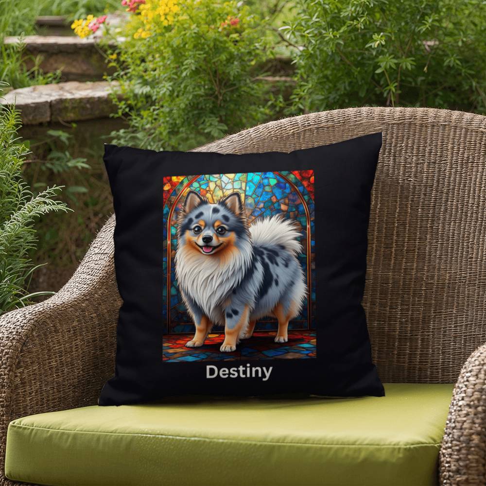 Pomeranian (Blue Merle) Indoor/Outdoor Pillow - Personalized Stained Glass Dog Tribute & Comfort Gift