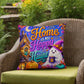 Home Is My Happy Haunt design with cozy ghost house artwork on a Halloween throw pillow