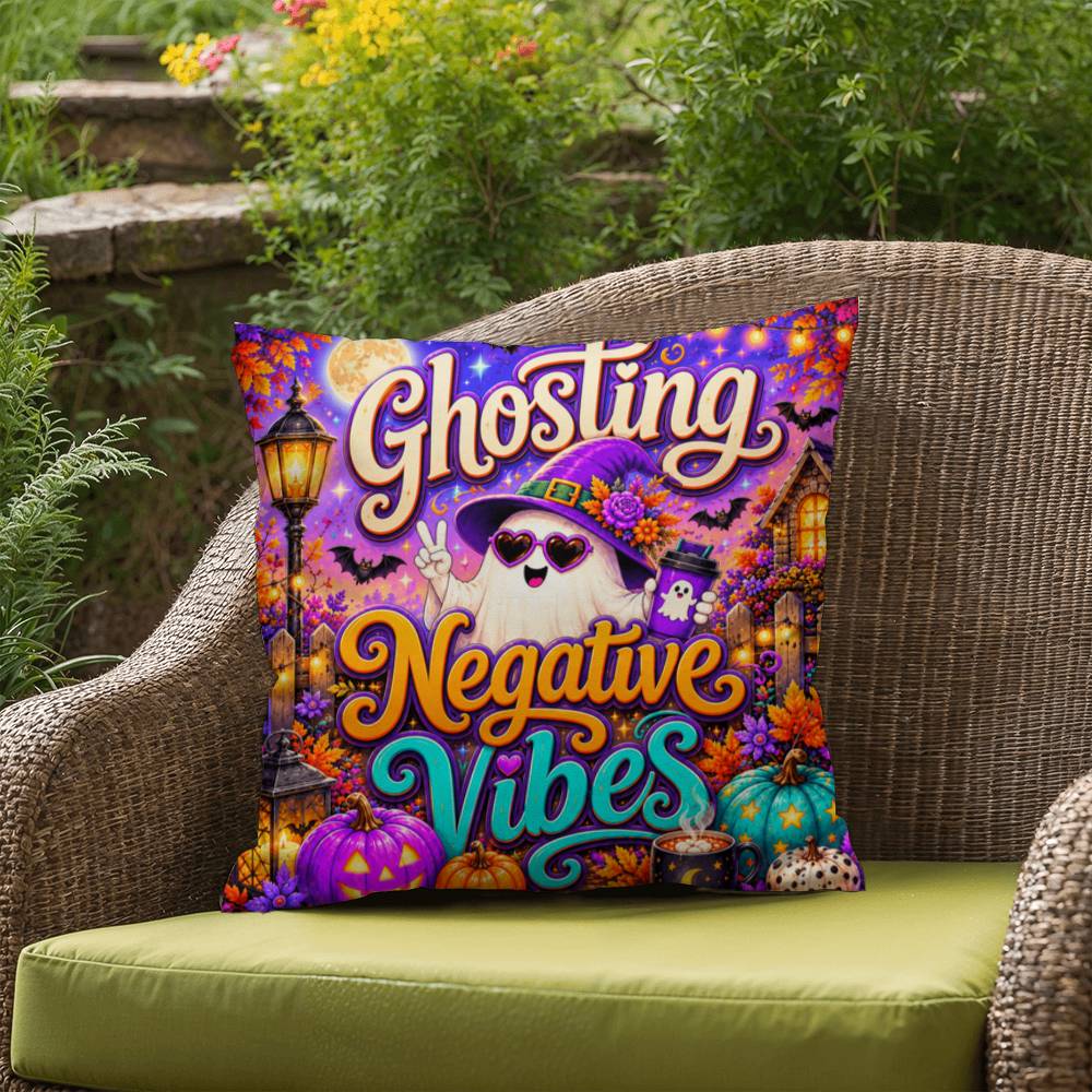 Ghosting Negative Vibes message with peace sign ghost artwork on a positive Halloween throw pillow