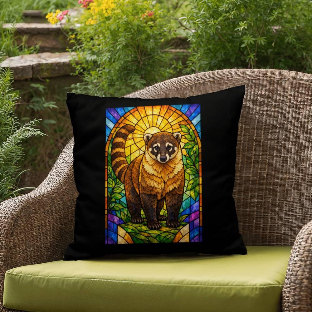 Shop our premium coati stained glass style throw pillow from MySisterIsASurvivor.