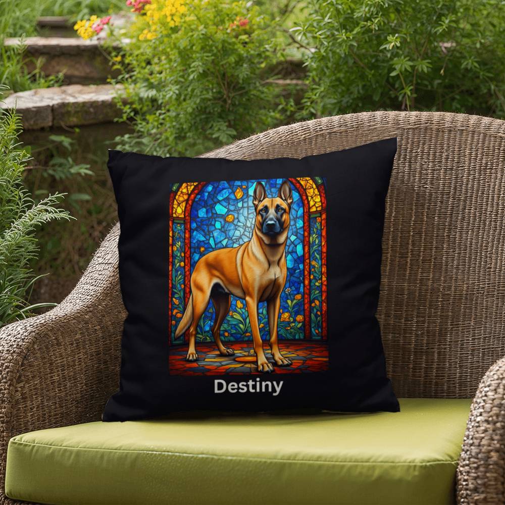 Belgian Malinois (Fawn) Indoor/Outdoor Pillow - Personalized Stained Glass Dog Tribute & Comfort Gift