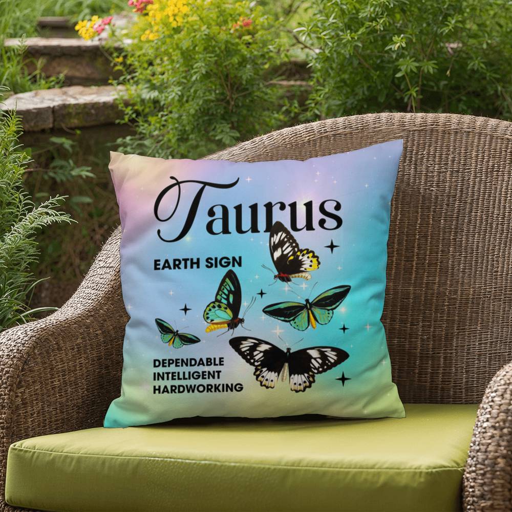 Taurus Butterfly Indoor/Outdoor Pillow – Zodiac Astrology Decor, Boho Accent for Home & Patio