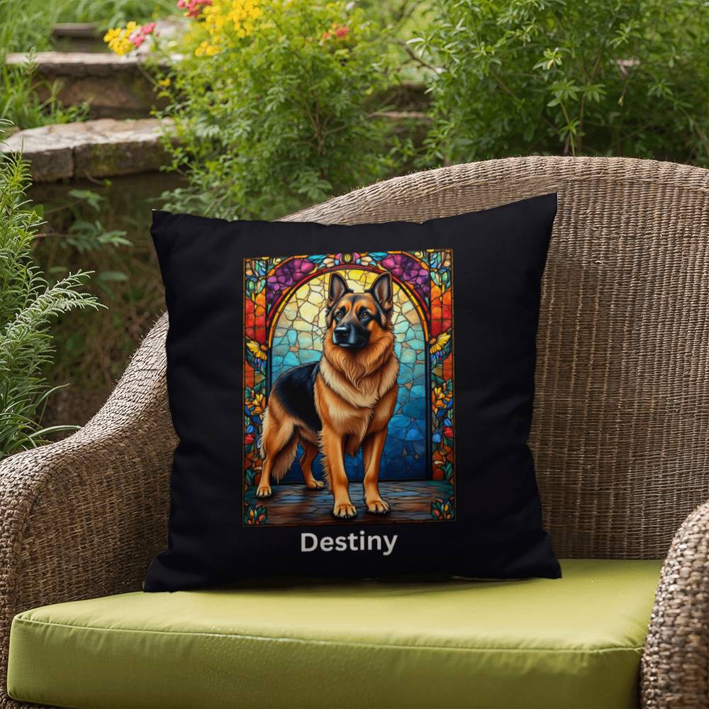 German Shepherd (Black and Tan) Indoor/Outdoor Pillow - Personalized Stained Glass Dog Tribute & Comfort Gift