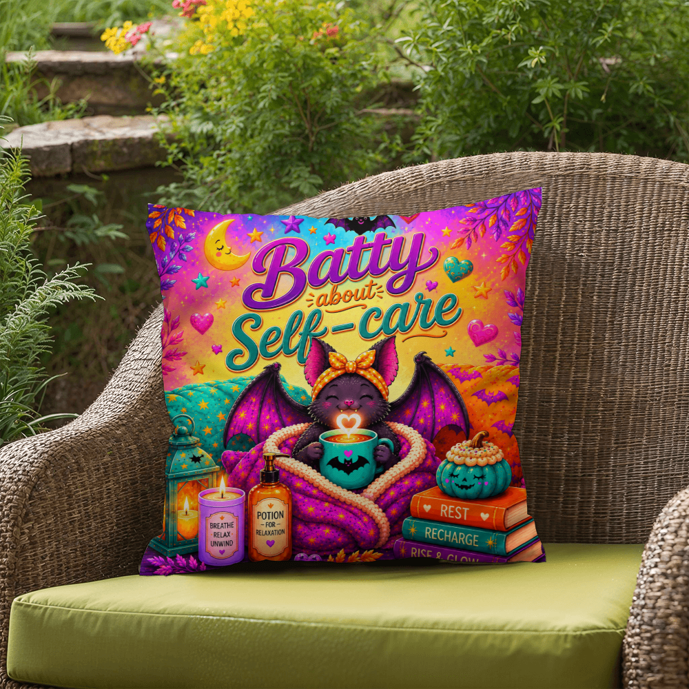 Batty About Self-Care quote with smiling bat illustration on a Halloween pillow focused on daily wellness