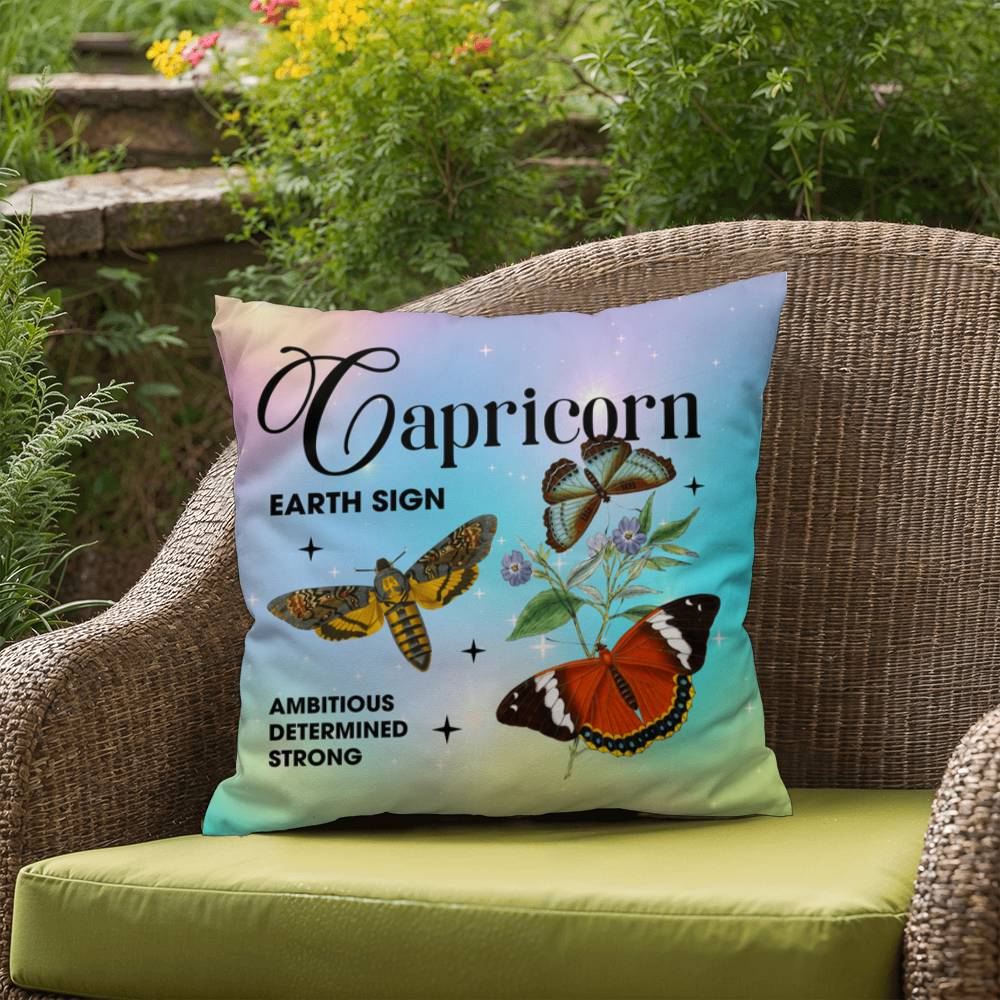 Capricorn Butterfly Indoor/Outdoor Pillow – Zodiac Astrology Decor, Boho Accent for Home & Patio