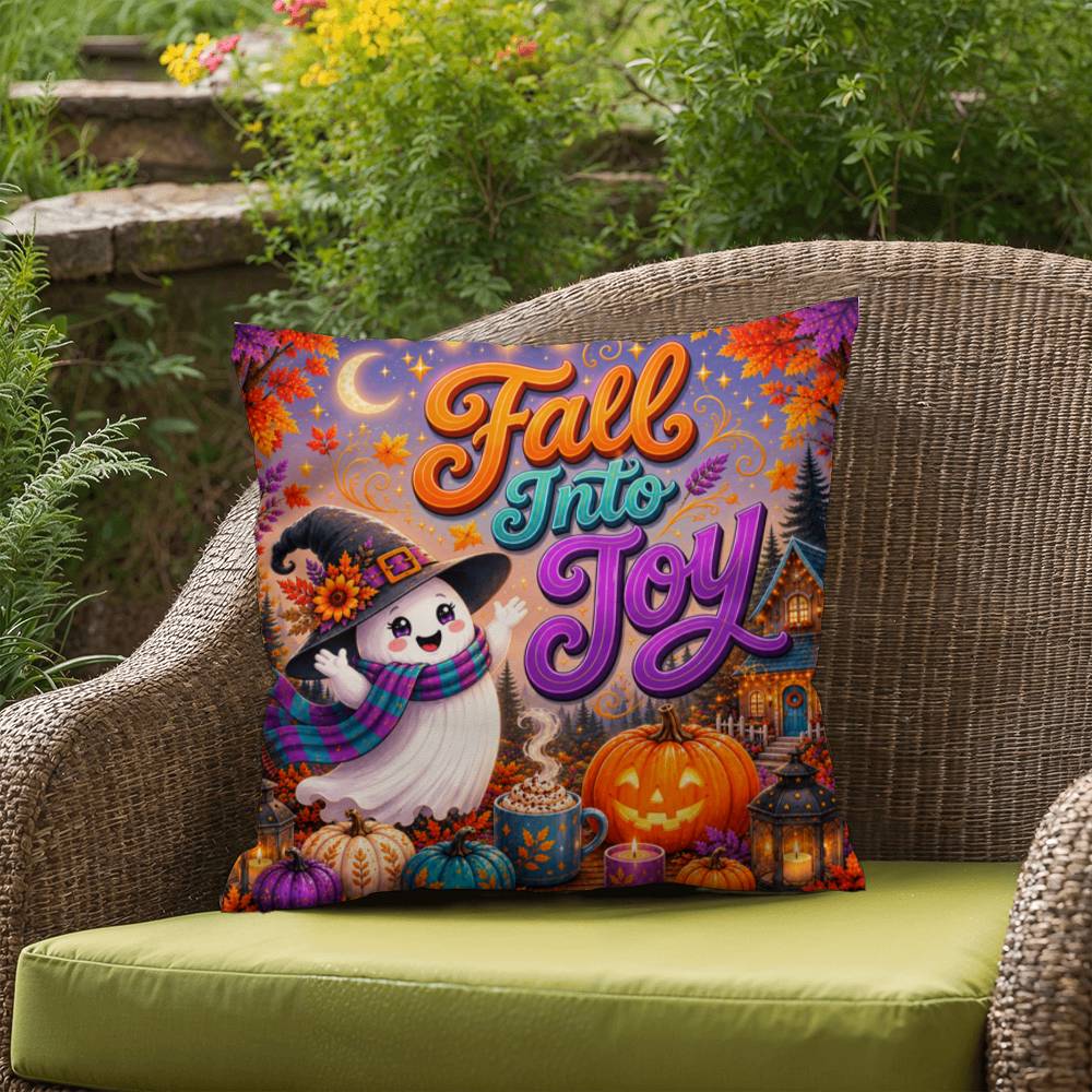 Fall Into Joy Halloween Throw Pillow - Cute Witch Ghost Pumpkin Spice Pillow