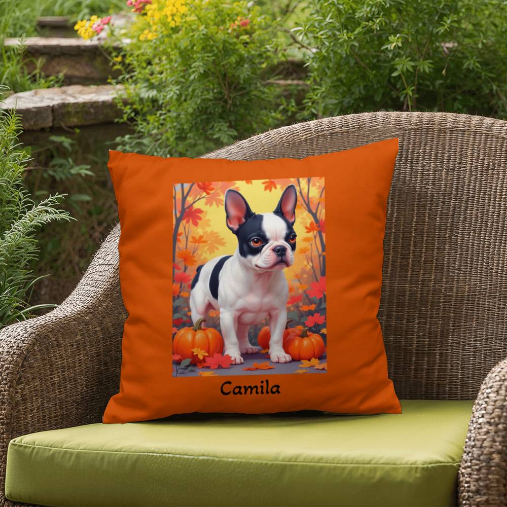 Black Pied French Bulldog pillow, personalized indoor outdoor dog cushion, custom Frenchie decor - MySisterIsASurvivor