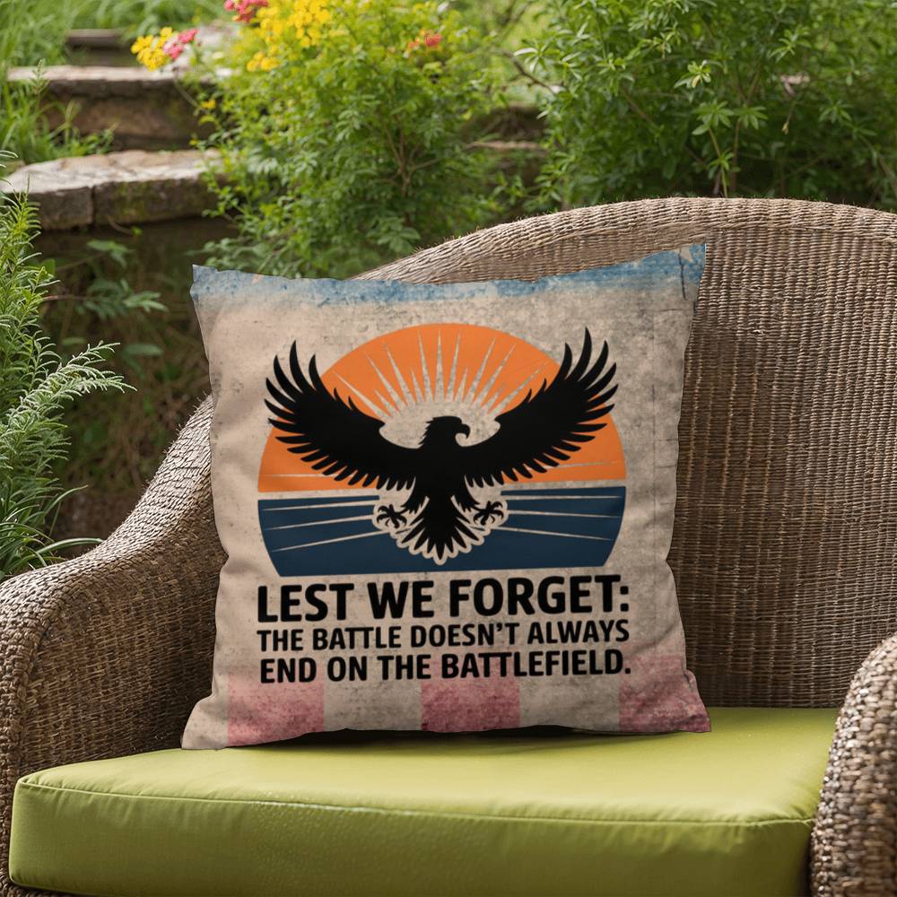 Lest We Forget Indoor/Outdoor Pillow: Resilient Comfort - Mental Health & Memorial Tribute