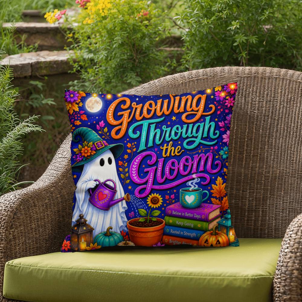 Growing Through The Gloom Halloween Throw Pillow - Trauma Recovery Survivor Gift