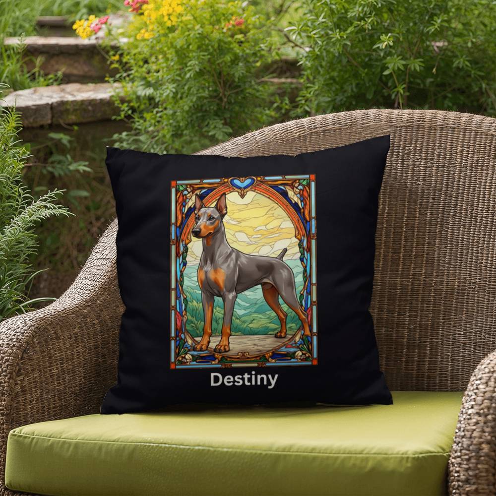 Doberman Pinscher (Fawn [Isabella] & Rust) Indoor/Outdoor Pillow - Personalized Stained Glass Dog Tribute & Comfort Gift