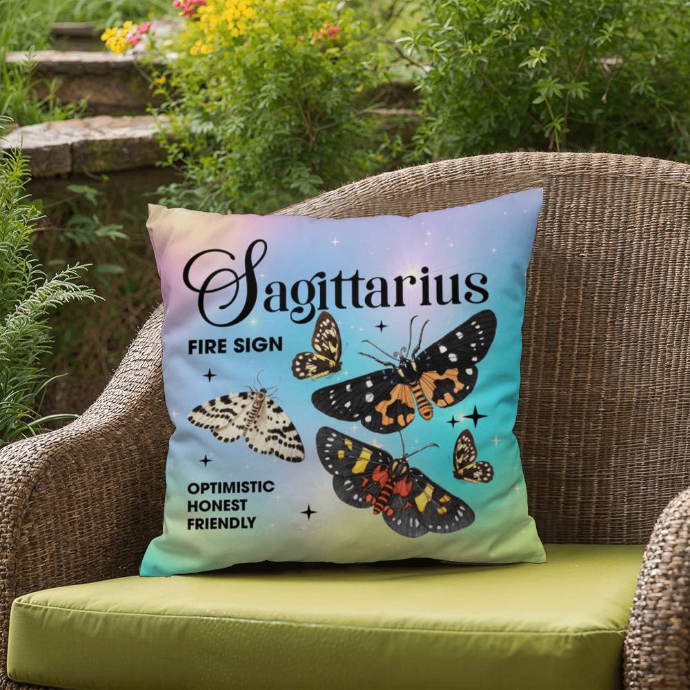 Sagittarius Butterfly Indoor/Outdoor Pillow – Zodiac Astrology Decor, Boho Accent for Home & Patio