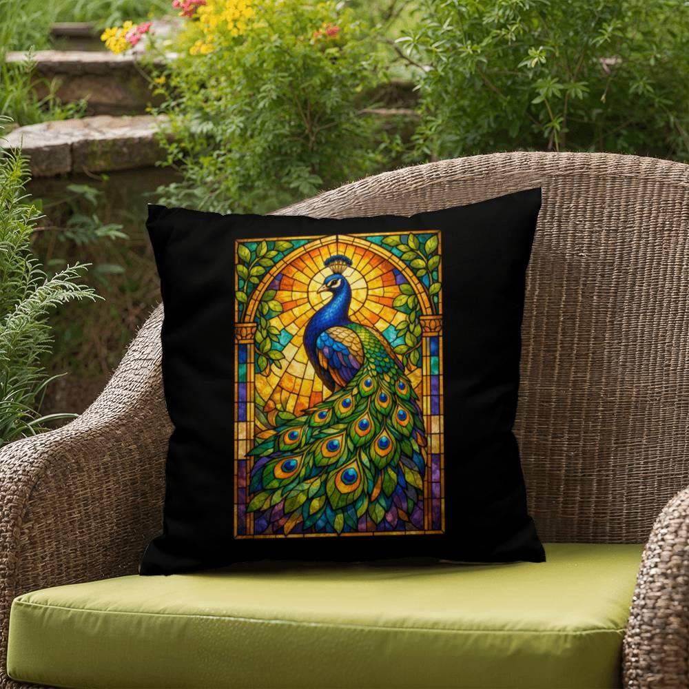Shop our premium peacock stained glass style throw pillow from MySisterIsASurvivor.
