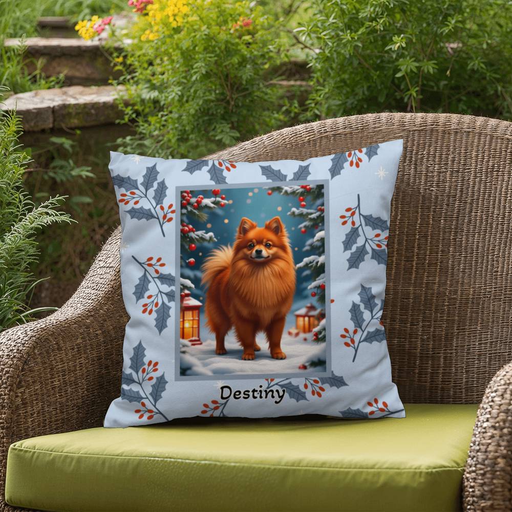 Pomeranian Red Pillow - Winter Pom throw pillow, indoor dog decor, festive home accent