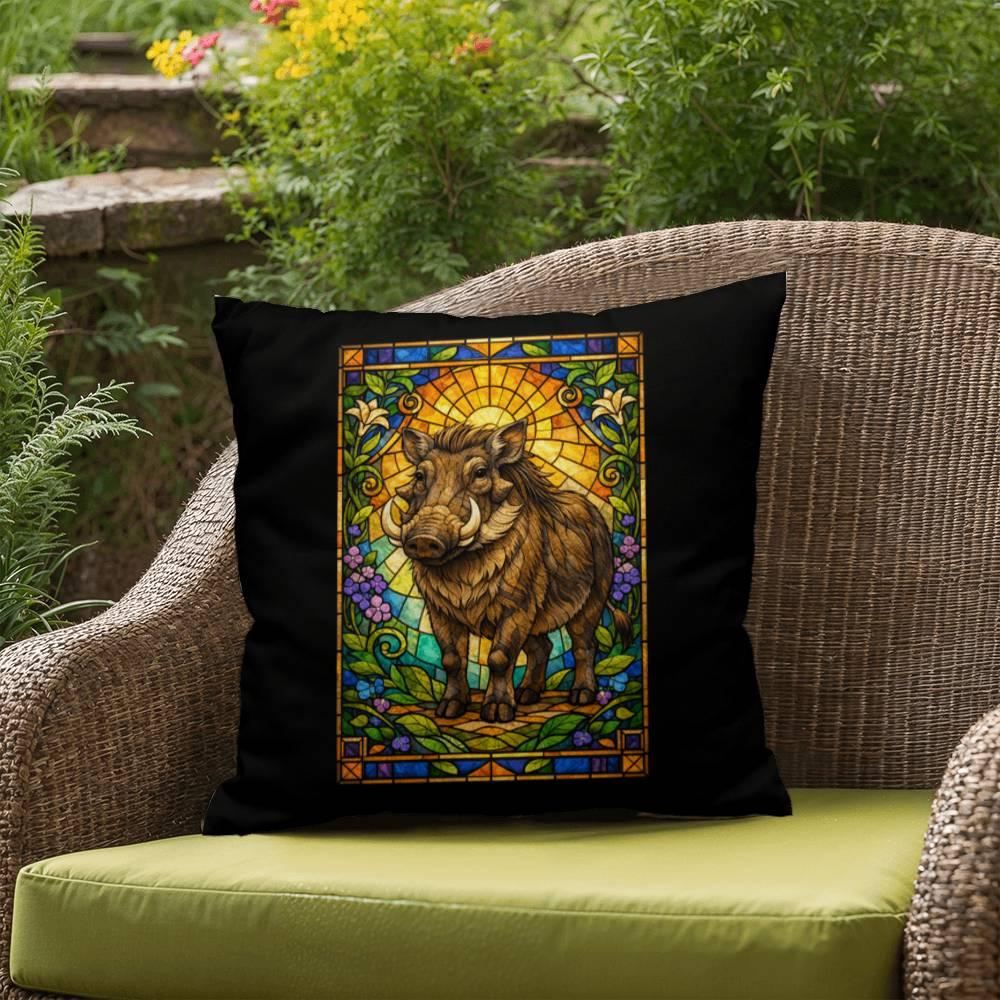 Shop our premium warthog stained glass style throw pillow from MySisterIsASurvivor.