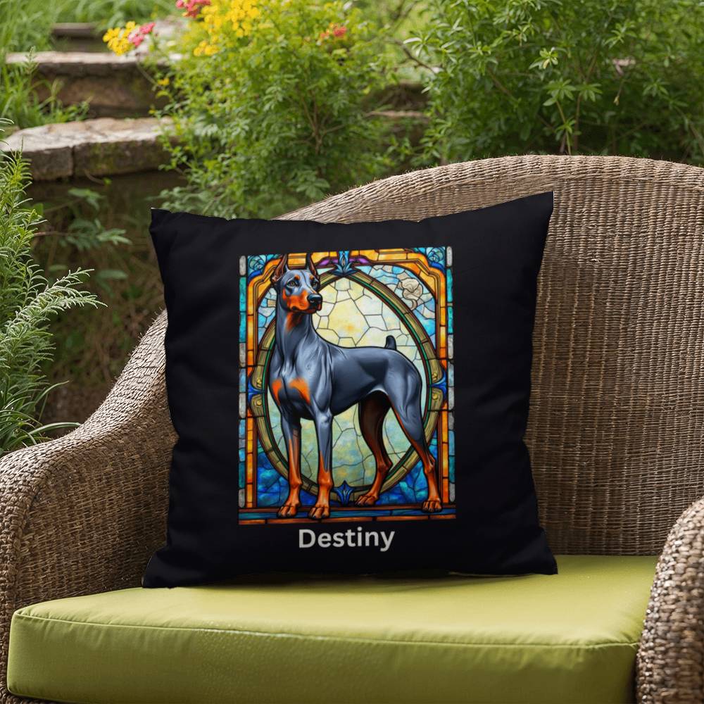 Doberman Pinscher (Blue & Rust) Indoor/Outdoor Pillow - Personalized Stained Glass Dog Tribute & Comfort Gift