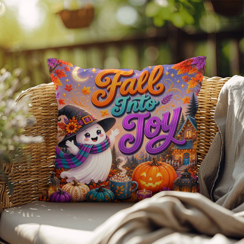 Fall Into Joy Halloween Throw Pillow - Cute Witch Ghost Pumpkin Spice Pillow