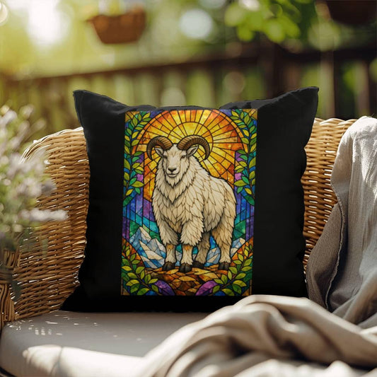 Shop our mountain goat stained glass style throw pillow featuring the 18" x 18" style option from MySisterIsASurvivor.