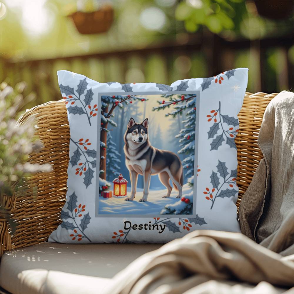 Husky Wolf Grey Pillow - Frosty Husky pillow, winter dog throw, seasonal indoor home accent