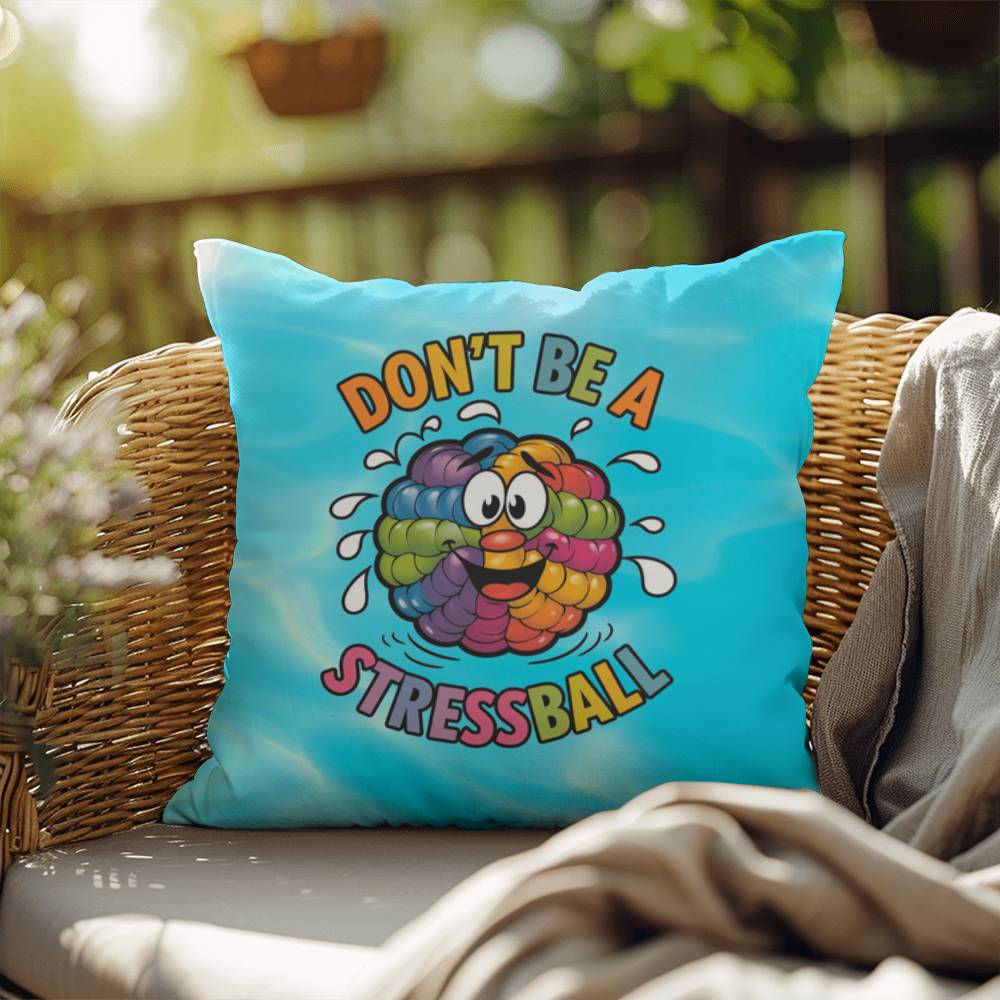 "Don’t Be A Stress Ball" indoor/outdoor pillow, custom-designed for anxiety relief and mental health support.